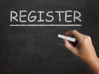 Fototapeta premium Register Blackboard Shows Joining Subscribing Or Check In