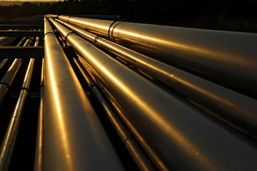 Foto op Plexiglas Industrieel gebouw dramatic view of steel pipes in oil refinery