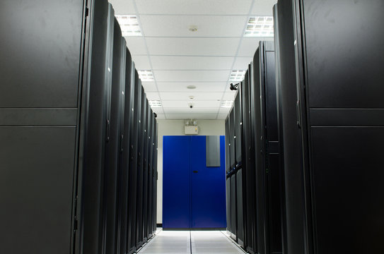 Server room with black Rack and blue Air condition