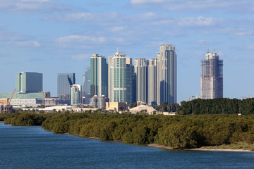 Skyline of Abu Dhabi with mangrove forest in foreground