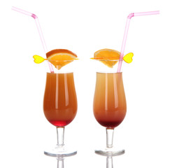 Glasses of tasty cocktails isolated on white