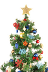 Decorated Christmas tree with gifts isolated on white