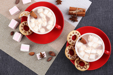 Cups of hot chocolate with marshmallows