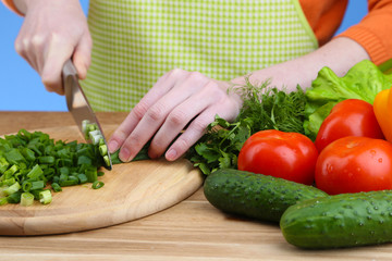 Female hands chopping onion