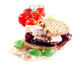 Delicious sandwiches with meet isolated on white