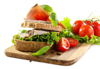 Delicious sandwiches with meet isolated on white