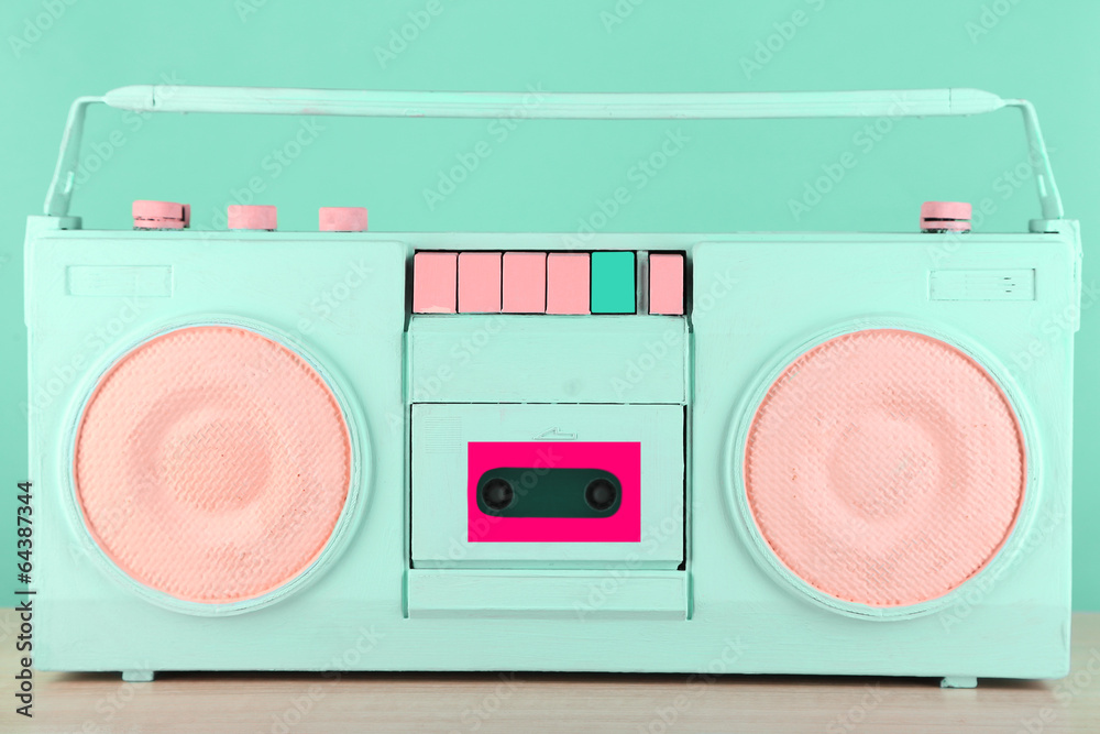 Wall mural colorful retro radio, on blue background