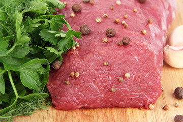 Raw beef meat with spices and greens on wooden background