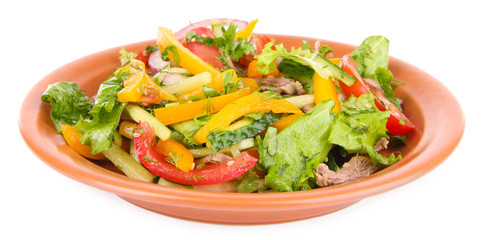 Beef salad on plate isolated on white