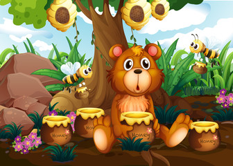 A cute bear under the tree with bees and pots of honey