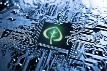 symbol leaf on computer circuit board, Green IT, Green computing