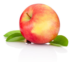 Red apple and green leaves isolated on a white background