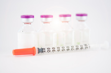 Dispoable syringe and Purple cap of medicine injection vial