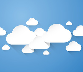 Abstract flat white clouds with long shadows in blue background