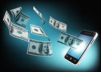 mobile phone and money flying from in the screen - 64401715