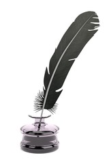 realistic 3d render of writing quill with inkpot
