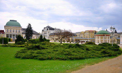 Spa of Franzensbad with parks and spa houses in the spring