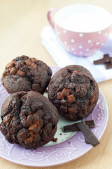 Homemade chocolate muffins with milk. Morning breakfast