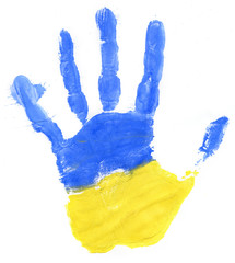 Handprint of a Ukrainian flag on a white