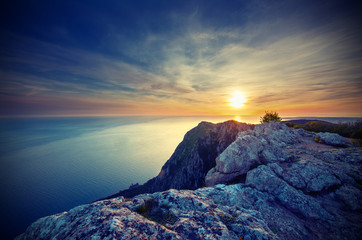 Sunset above the sea in the Crimean mountains