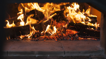 fire in a wood burning oven