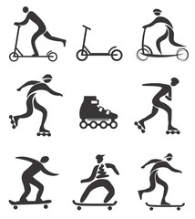 Scooter in line skateboard black icons