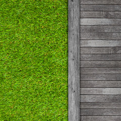Wood texture on artificial grass background