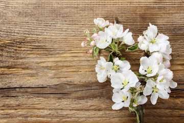 Naklejka na ściany i meble Flowering twig of apple tree on wooden background. Copy space