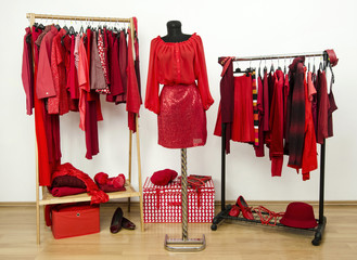 Dressing closet with red clothes arranged on hangers and dummy.