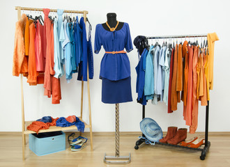 Dressing closet with complementary color blue and orange clothes - 64424335
