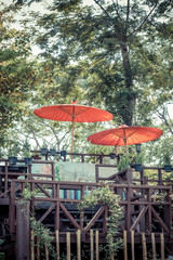 red sunshade at a coffee shop