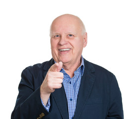 Portrait old, happy man laughing, pointing at someone