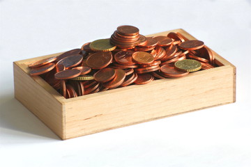 Wooden box with european coins