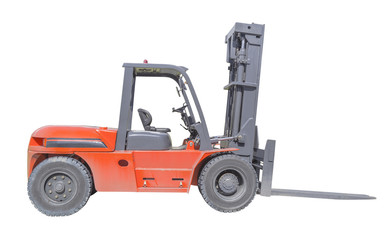 Forklift isolated on white background. May called fork truck or lift truck. Elevator machine equipment or vehicle for heavy industrial work in warehouse, factory i.e. lift up, raise and delivery.