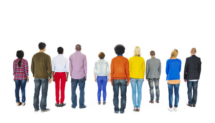 Group of Multiethnic Colorful People Facing Backwards - Powered by Adobe