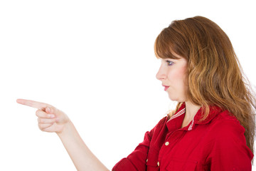 Side profile portrait woman blaming pointing finger at someone