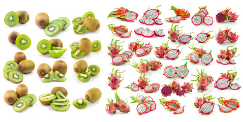 kiwi, dragonfruit  isolated on white background