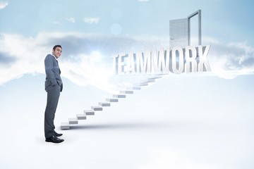 Fototapeta premium Teamwork against white steps leading to open door