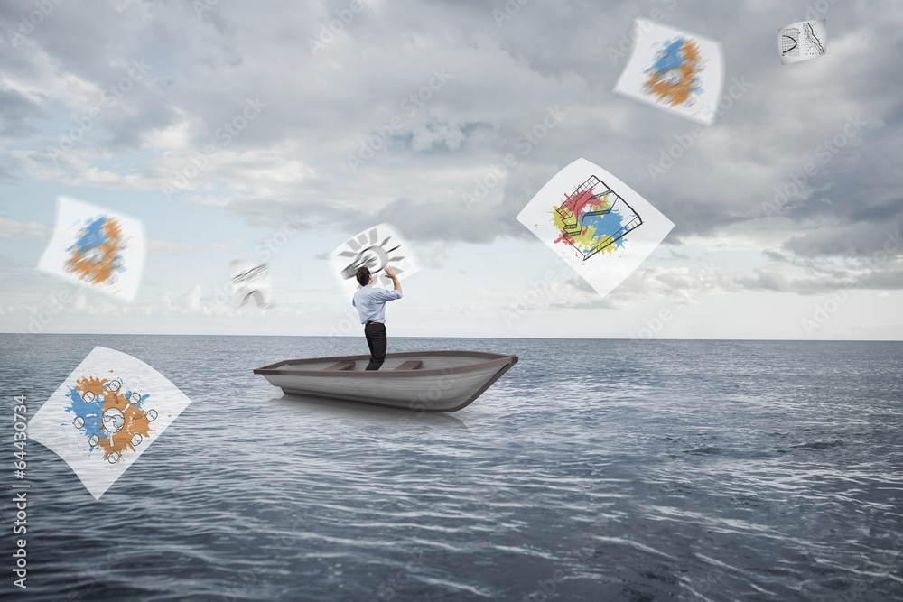 Poster composite image of businessman posing with arms up in a sailboat