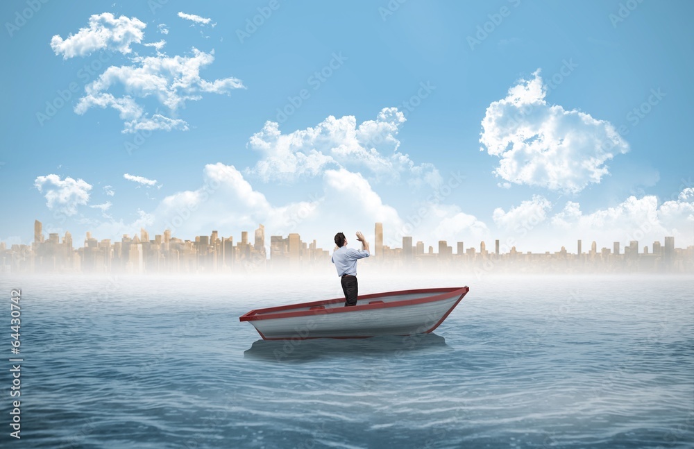 Poster composite image of businessman posing with arms up in a sailboat
