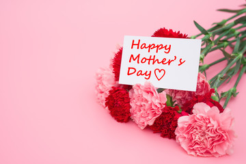 card of happy mother's day with pink and red carnations - obrazy, fototapety, plakaty