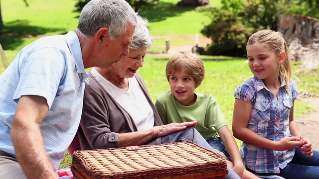Grandparents having a picnic with their grandchildren