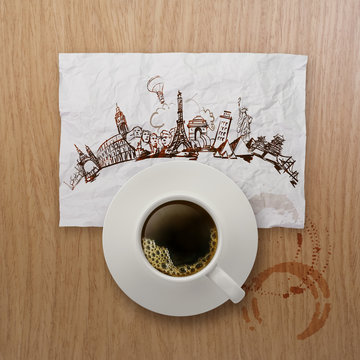 3d cup of coffee traveling around the world on crumpled paper an