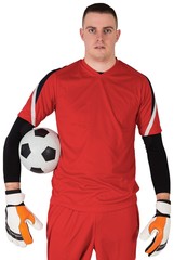 Goalkeeper in red looking at camera