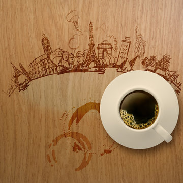 3d cup of coffee traveling around the world on wooden background