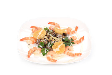 Shrimp salad with mushrooms and white sauce.
