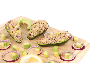 Close up of avocado salad with tuna.