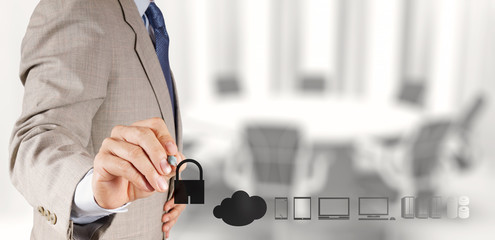 Businessman working with a Cloud Computing diagram on the new co