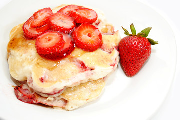 Healthy Strawberry Pancakes Served with Syrup