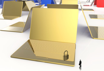 businessman looking at 3d laptop computer with padlock as Intern